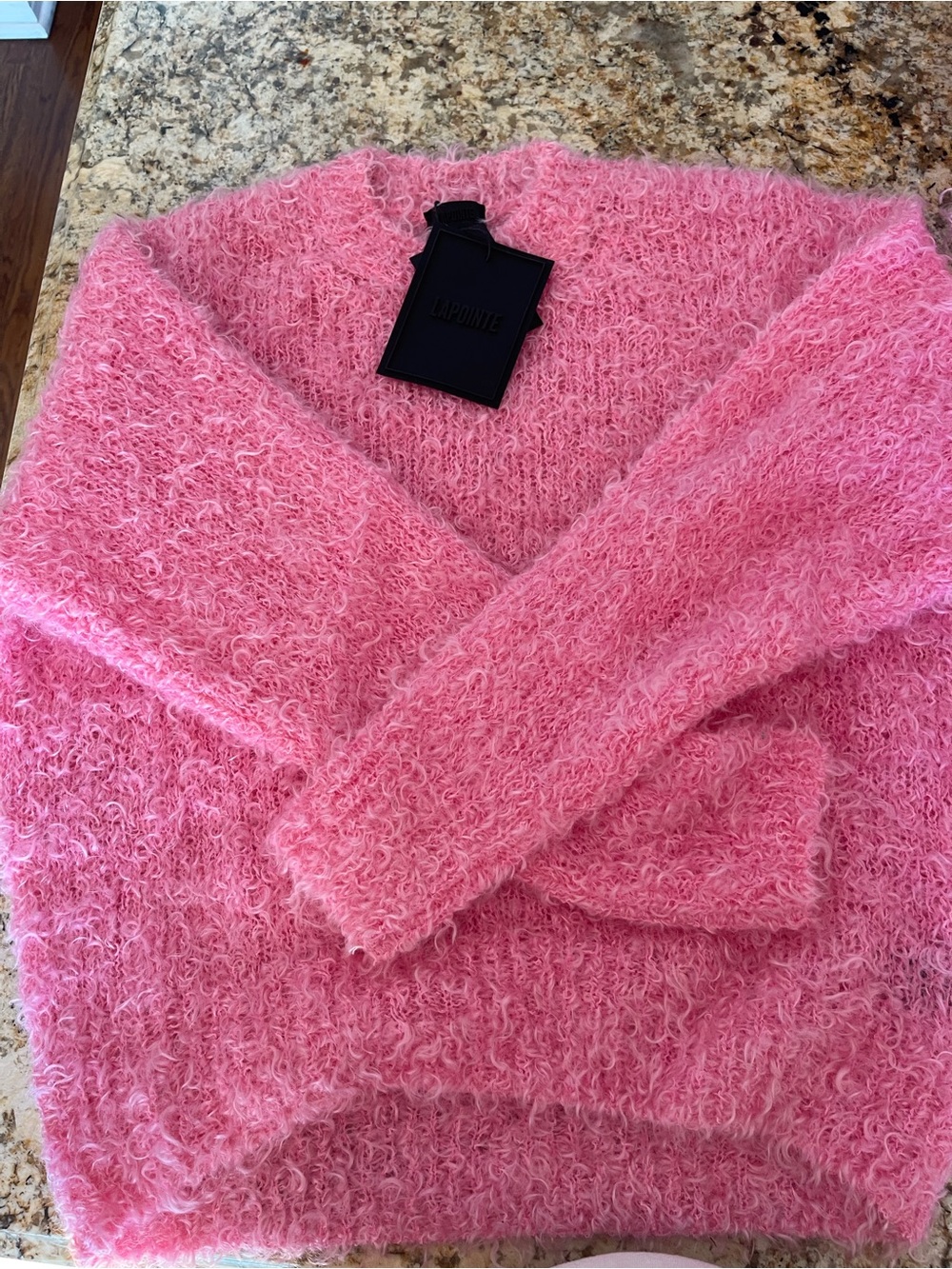 Sally LaPointe Pink Fuzzy V-Neck Sweater